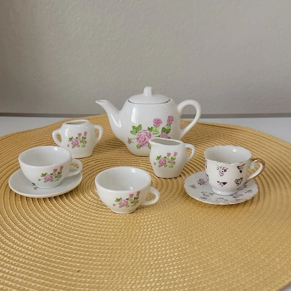 Vintage Miniature Porcelain Tea Set with Pink Rose Pattern